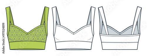 Crop Top technical fashion illustration, fashion concept. Sports Bra fashion flat technical drawing template, straps, slim fit, front and back view, white, yellow, women Top CAD mockup set.