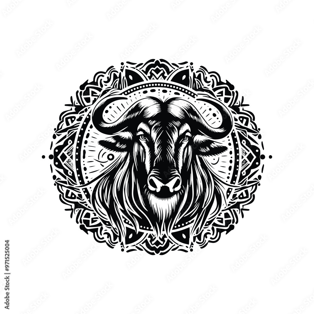 Fototapeta premium Wildebeest in bohemian black and white silhouette illustration