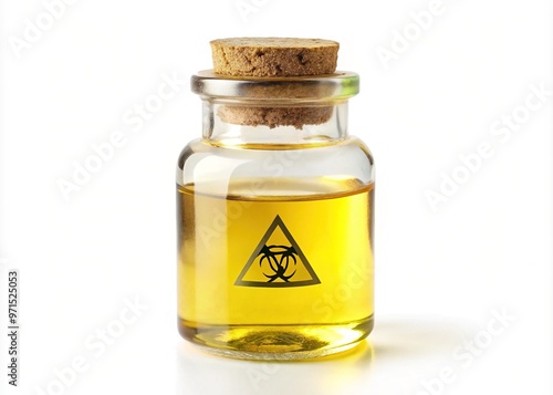 Small, clear glass vial filled with translucent yellow liquid, sealed with cork stopper and labeled with warning symbols, isolated on white background. photo