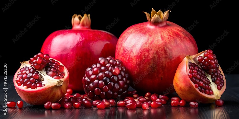 Pomegranate whole and slice with seeds isolated Pomegranate whole and slice with seeds isolated