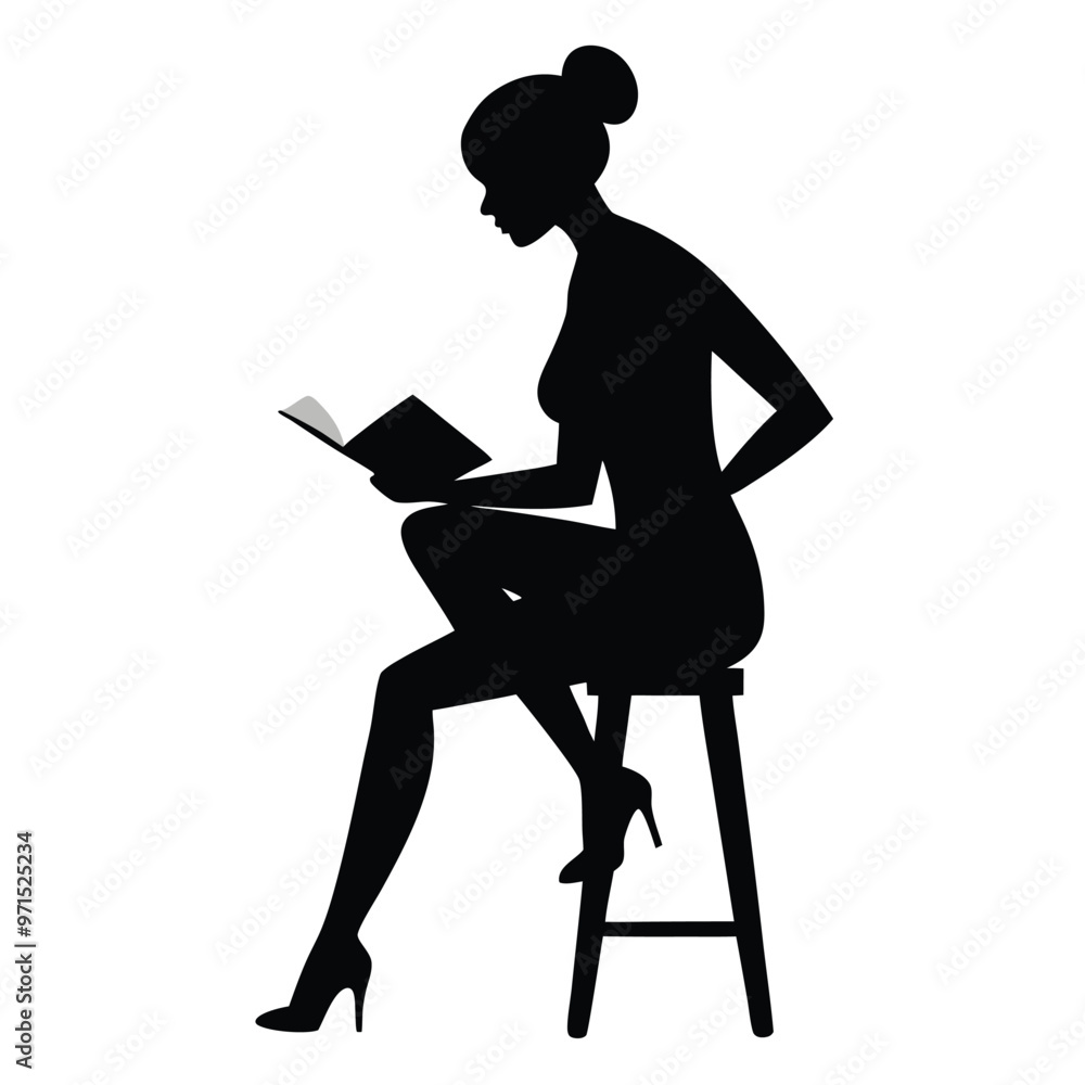 a woman sitting on a stool and reading a book. The person is facing away from the viewer and is holding the book in their hands a woman sitting on a stool and reading a book. The person is facing away from the viewer and is holding the book in their hands