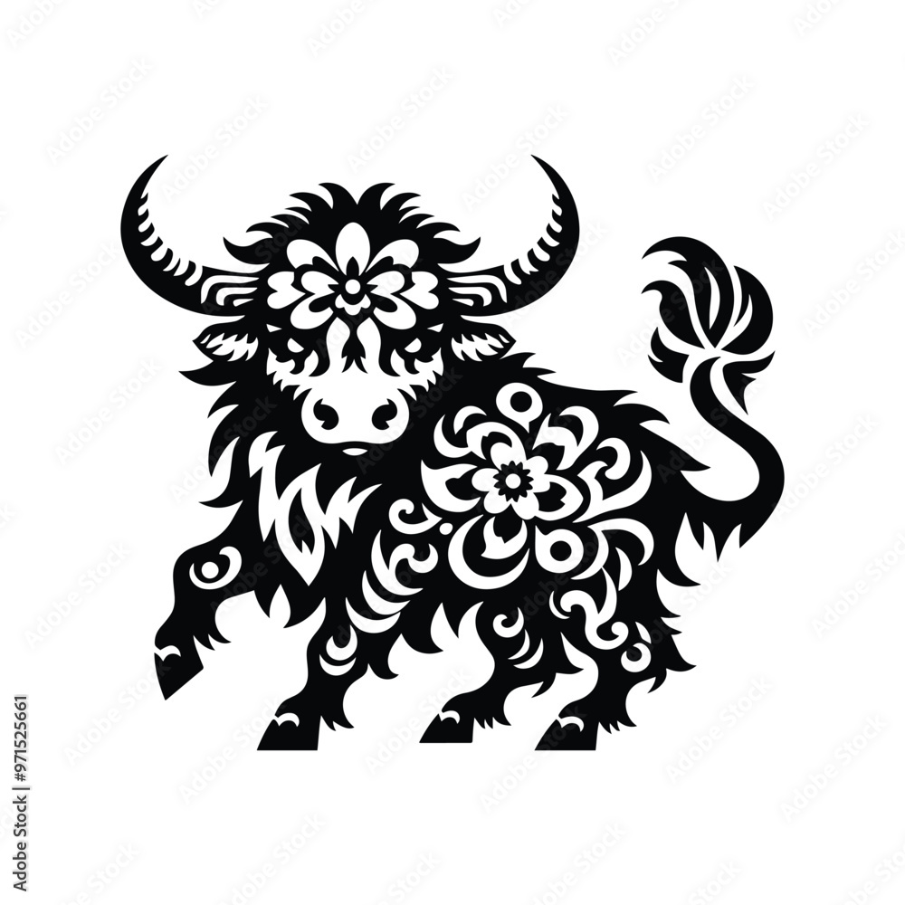 Fototapeta premium Yak in folk art black and white silhouette illustration