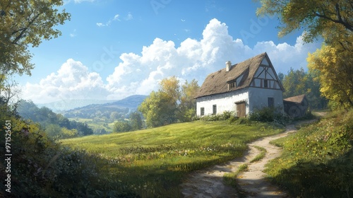  A painting of a house situated in the heart of an open field A simple dirt trail meanders toward the house's front