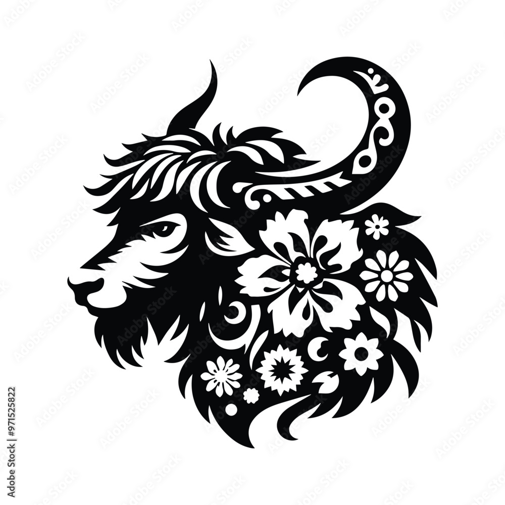Fototapeta premium Yak in folk art black and white silhouette illustration