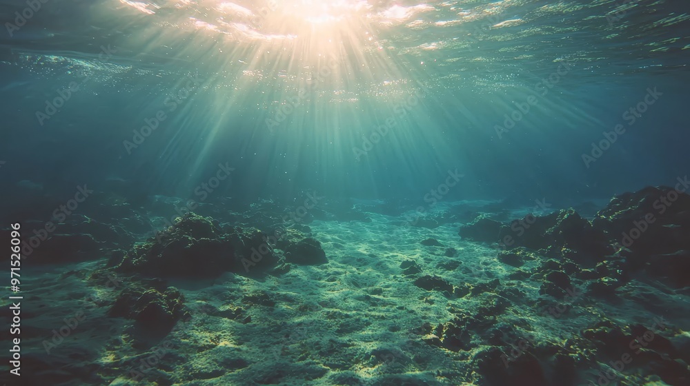 Naklejka premium The sun illuminates the sea bottom, revealing rocks and corals beneath clear waters