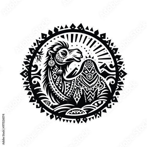 Camel in bohemian black and white silhouette illustration