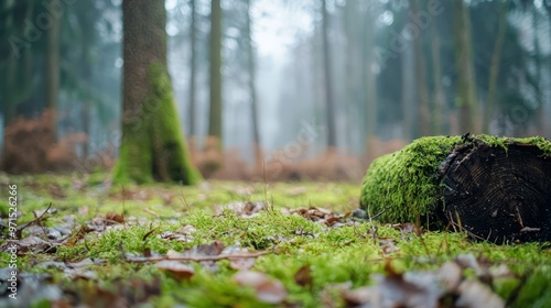  A moss-covered log in a forest's heart, surrounded by fallen leaves, with a few trees and their branches visible behind