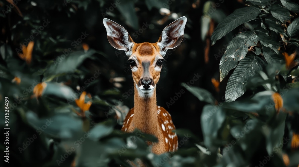 A deer gazes at the camera, situated in a forest teeming with lush green foliage on its sides A deer gazes at the camera, situated in a forest teeming with lush green foliage on its sides