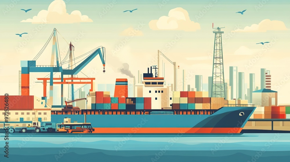 Cargo ship docked at a bustling port with cranes and containers during a clear day in a vibrant industrial setting Cargo ship docked at a bustling port with cranes and containers during a clear day in a vibrant industrial setting