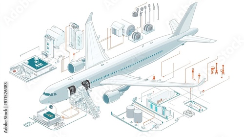 Detailed illustration of an aircraft highlighting its components and systems for educational purposes in aviation technology