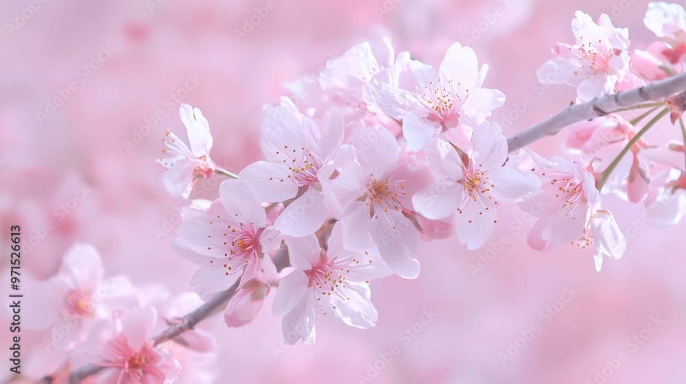  A tight shot of a cherry branch, adorned with pink blooms in the front, while the background softly blurs