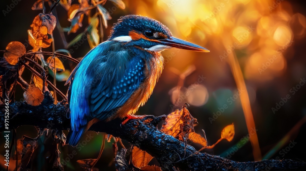 Naklejka premium A vibrant bird perches on a distinct tree branch Another branch, adorned with leaves, is nearby The backdrop softly blurs