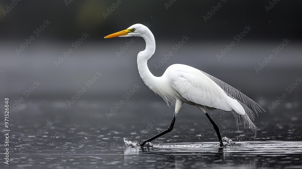 Obraz premium A white bird wades through water on a foggy, rainy day, its lengthy yellow beak parting the surface