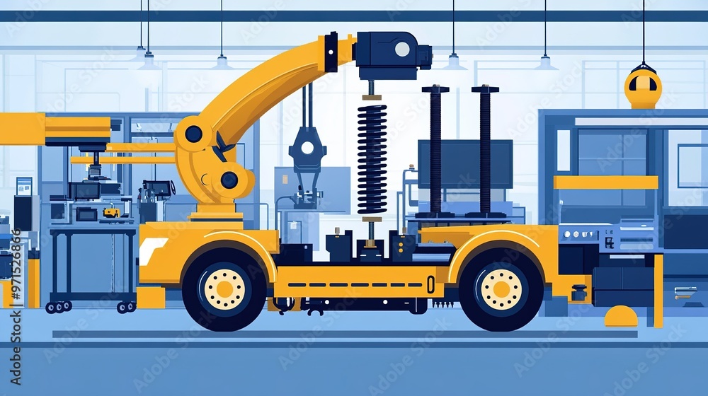 Illustration of a robotic arm assembling machinery in a modern factory setting with tools and equipment Illustration of a robotic arm assembling machinery in a modern factory setting with tools and equipment