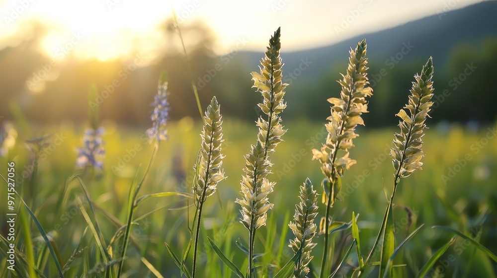 A field filled with tall grass; sun shines through trees in background A field filled with tall grass; sun shines through trees in background