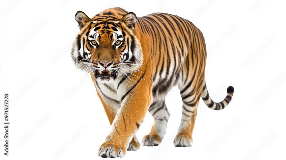 Fototapeta premium Tiger Walking Towards the Camera, Isolated on White, Portrait of a Wild Cat, Tiger, Wild Cat, Predator