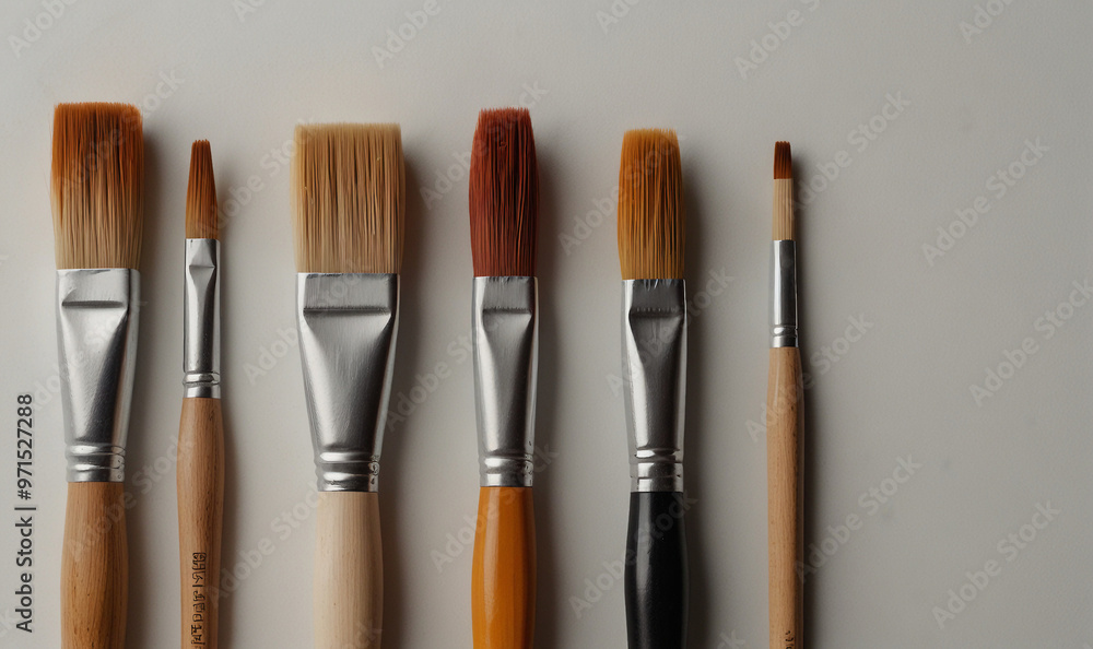 Minimalist Set of Paintbrushes Laid Out on a White Surface, Celebrating Artistic Hobbies and Creativity Minimalist Set of Paintbrushes Laid Out on a White Surface, Celebrating Artistic Hobbies and Creativity