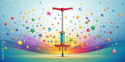 Vibrant and colorful illustration of a bouncy pogo stick with motion lines, surrounded by confetti and stars, conveying excitement, energy, and joyful movement. photo