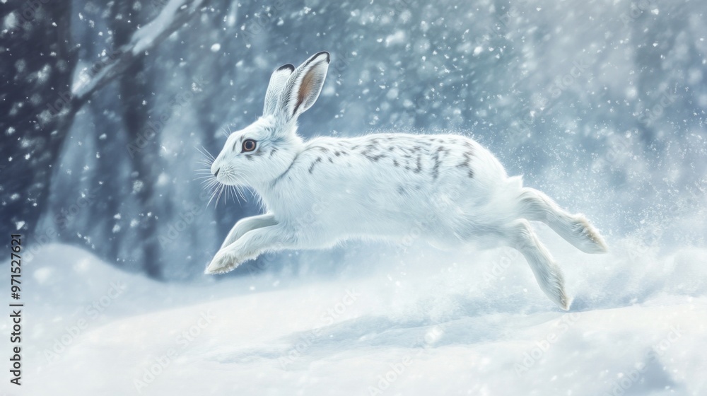 Obraz premium A White Rabbit Leaping Through a Snowy Forest