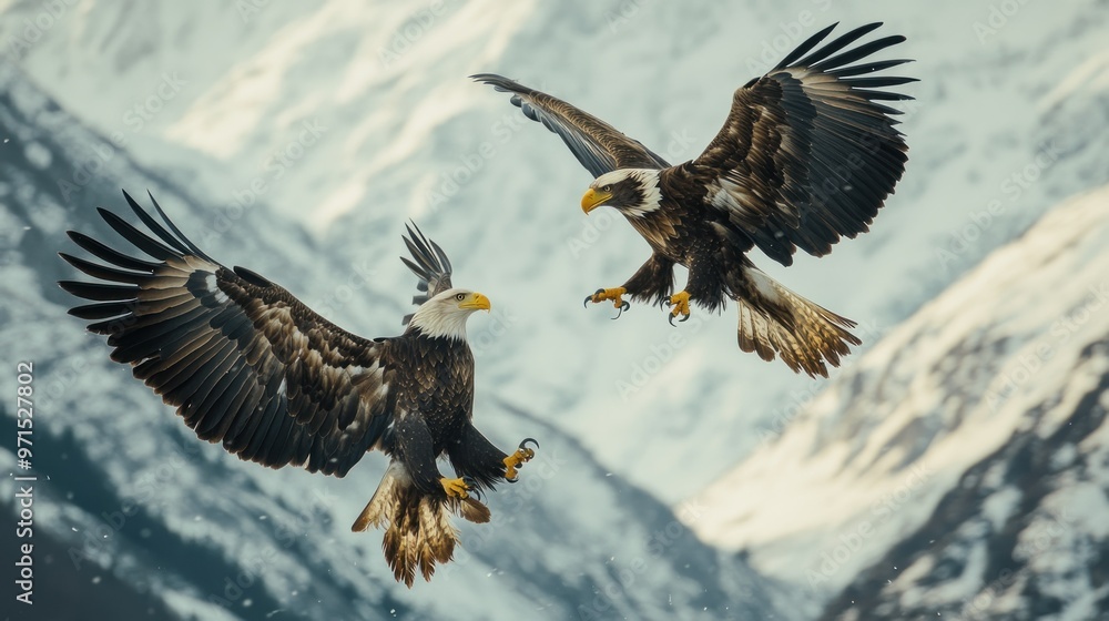 Fototapeta premium Two Bald Eagles in Flight with Mountainous Background