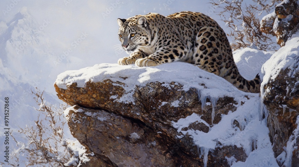 Fototapeta premium Snow Leopard Perched on Snowy Rocky Cliffside