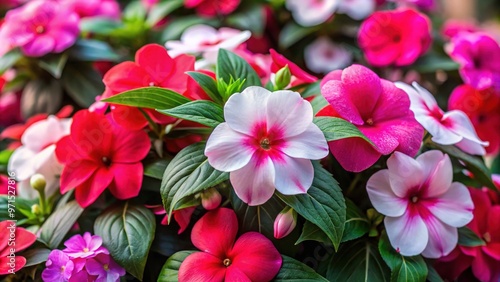 Vibrant blooming New Guinea impatiens flowers in shades of pink, white, and red, with dark green leaves, arranged artfully in a garden bed or planter.