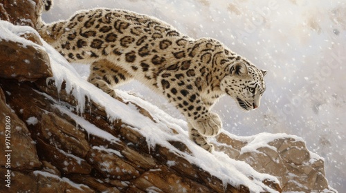 A Snow Leopard Walking Up a Snowy Rocky Slope photo