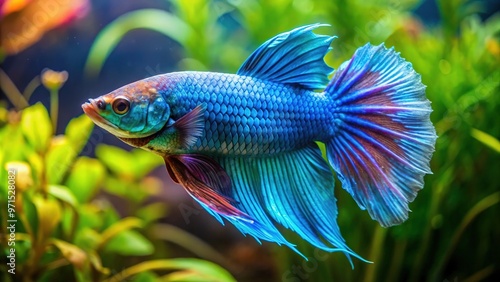 Vibrant blue dragon betta fish swims in a well-planted aquarium with gentle water flow, its iridescent scales shimmering in the soft, warm light. photo