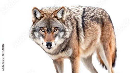 Wolf Portrait Close-up of a Grey Wolf with Striking Amber Eyes, Isolated on White Background, Wildlife, Animal, Nature