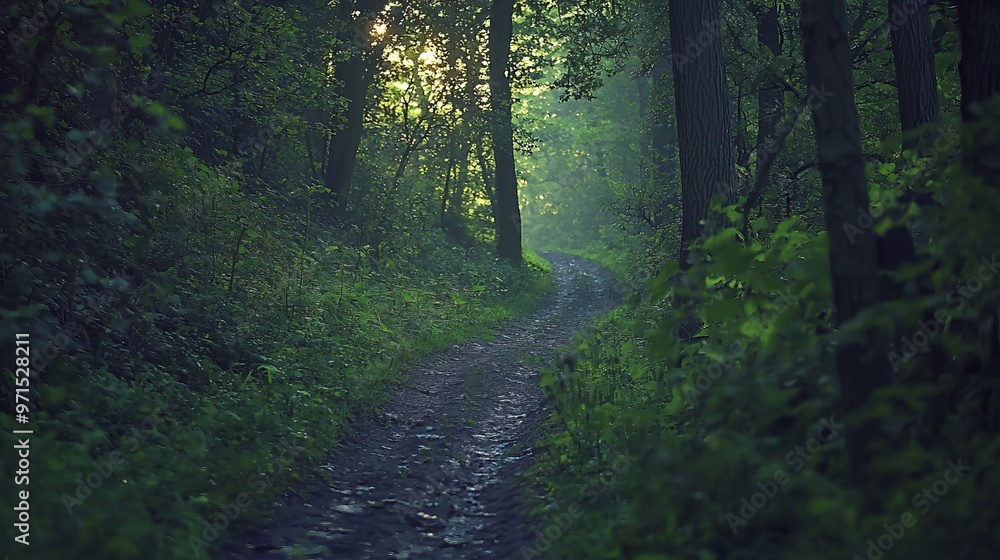Obraz premium A forest path with sunlight filtering through tree branches on its other side