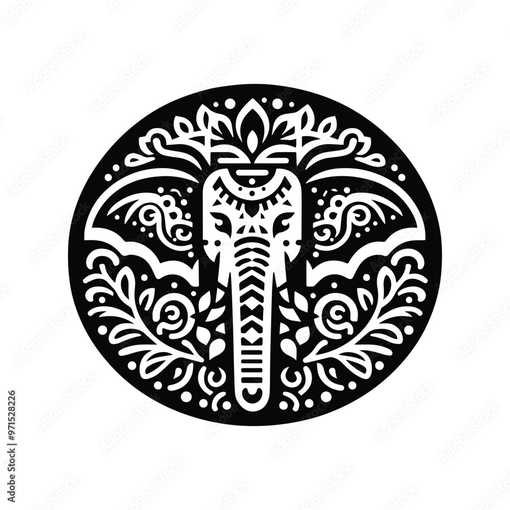 Elephant in folk art black and white silhouette illustration Elephant in folk art black and white silhouette illustration