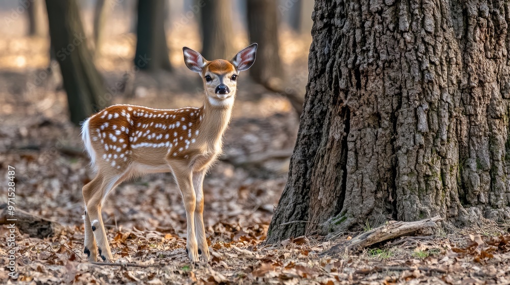 A delicate white-tailed deer fawn stands amid colorful autumn foliage, looking curiously at the camera as sunlight filters through the trees, illuminating the scene A delicate white-tailed deer fawn stands amid colorful autumn foliage, looking curiously at the camera as sunlight filters through the trees, illuminating the scene