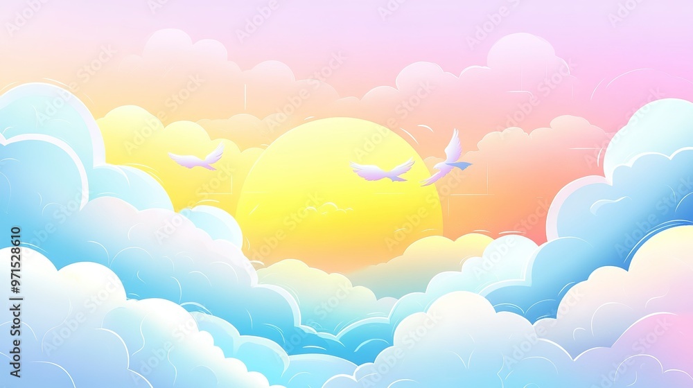 Colorful sunrise with pastel clouds and birds flying in the sky during early morning Colorful sunrise with pastel clouds and birds flying in the sky during early morning