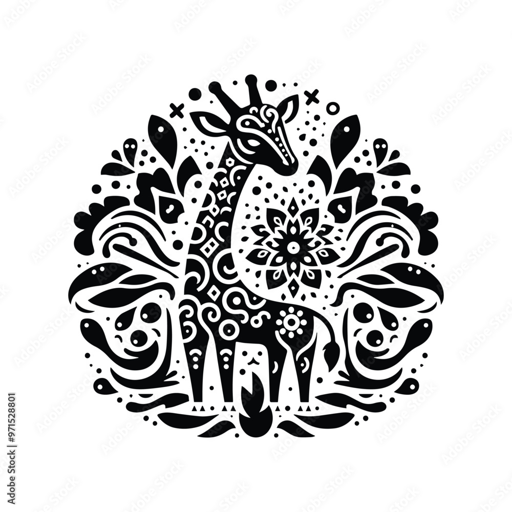 Giraffe in folk art black and white silhouette illustration Giraffe in folk art black and white silhouette illustration