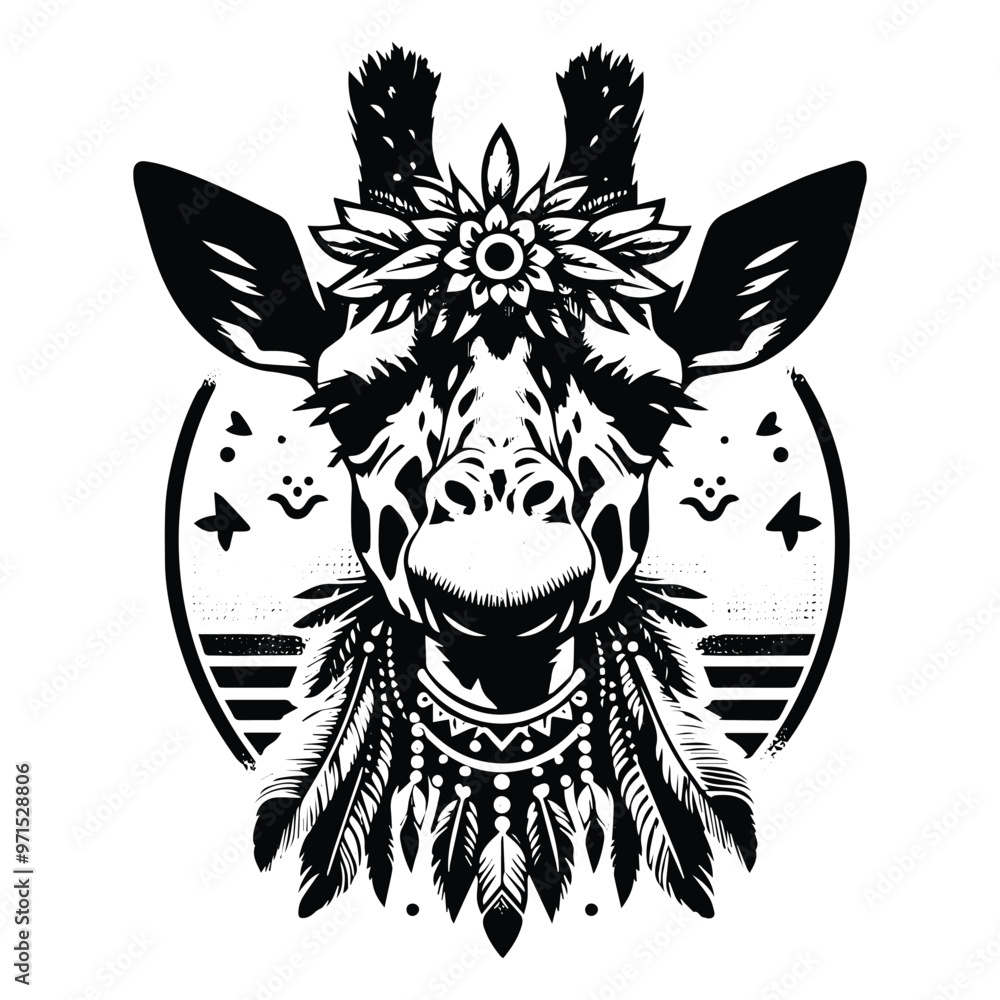 Obraz premium Giraffe in bohemian black and white silhouette illustration