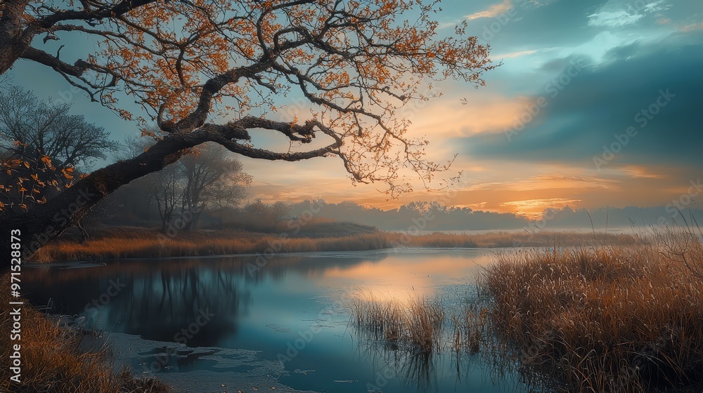 A tree in the foreground with a body of water below and a sunset in the background A tree in the foreground with a body of water below and a sunset in the background