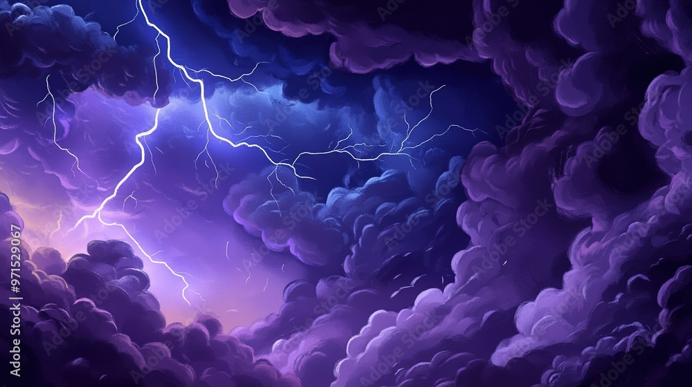 Obraz premium Lightning illuminates dark storm clouds at twilight in a dramatic sky full of vibrant purples and deep blues
