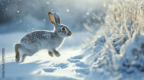 White-tailed Jackrabbit Hopping Through Snowy Field