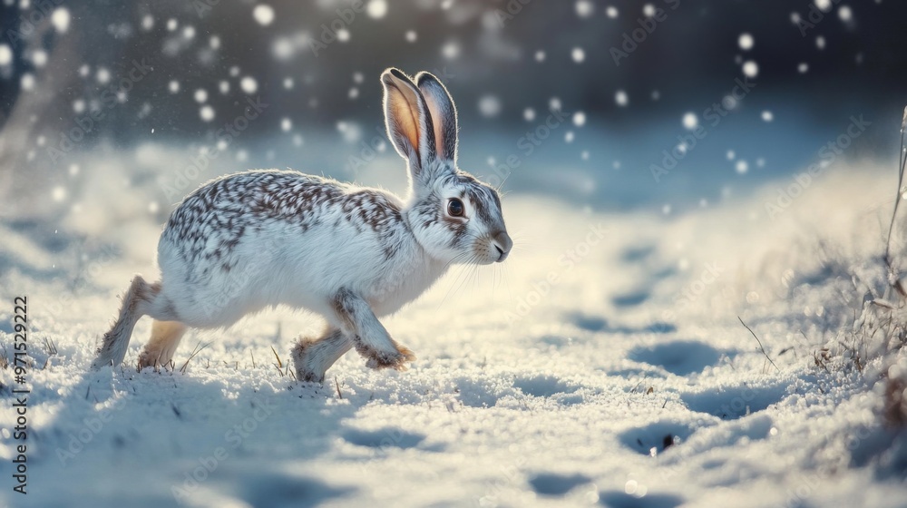 Obraz premium White-tailed jackrabbit running through snowy field