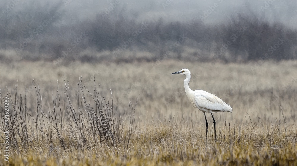 Obraz premium A large white bird stands in a dry grass field, surrounded by tall grass and distant trees