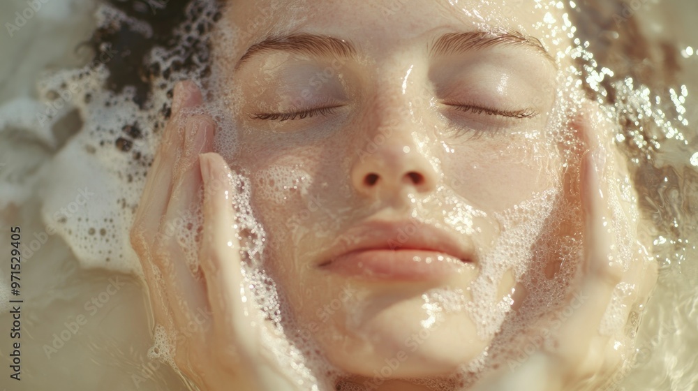 Woman's Face Submerged in Foamy Water with Eyes Closed Woman's Face Submerged in Foamy Water with Eyes Closed