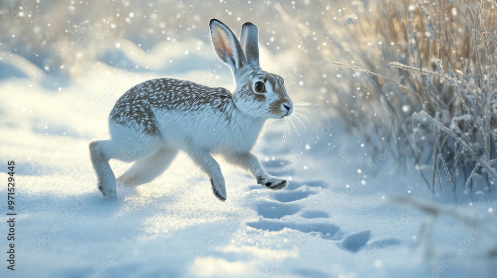 Obraz premium A White Hare Running Through Snow in the Winter