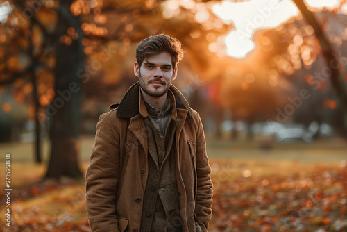 Young man in a warm modern clothes in autumn park