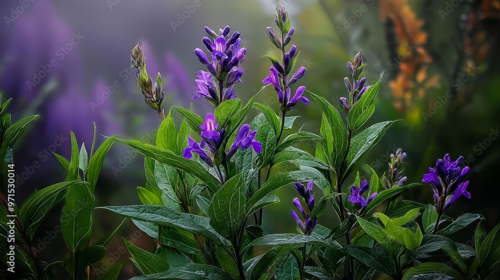 Obraz premium A foreground of purple flowers with distinct green leaves, blurred background of similar hue