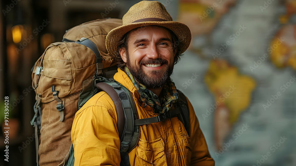 Fototapeta premium A smiling traveler with a backpack poses in front of a world map, ready for adventure.