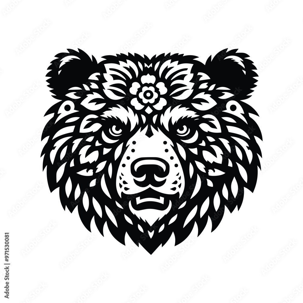 Fototapeta premium grizzly bear in folk art black and white silhouette illustration