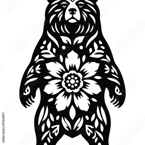 grizzly bear in folk art black and white silhouette illustration