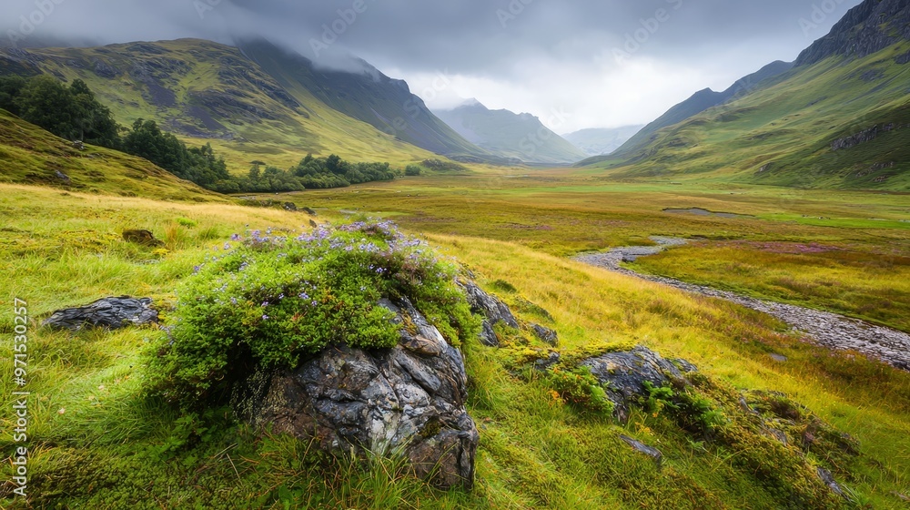 Fototapeta premium In the valley's heart, a rocky outcropping rises, cradling a running stream Mountains loom majestically behind