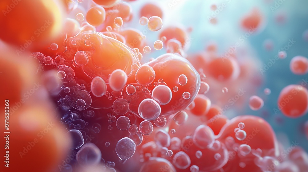 A tight shot of numerous bubbles against a blue-red backdrop, featuring a blue sky in the distance A tight shot of numerous bubbles against a blue-red backdrop, featuring a blue sky in the distance