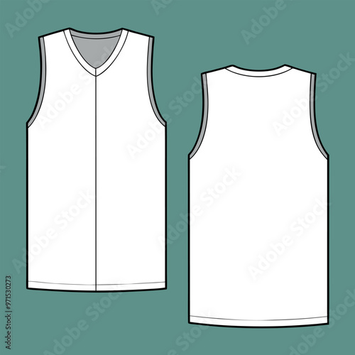 Blank white sleeveless shirt with V-neck, suitable for customization, design, or mockups. View both front and back for complete design preview.